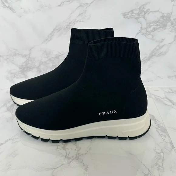 Prada Black Knit High-Top Sneakers - Picture 1 of 16